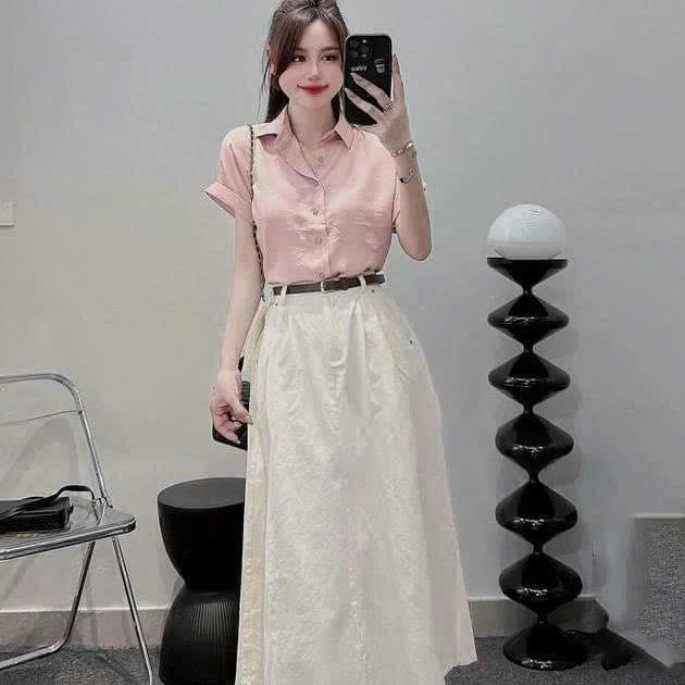 sét đồ công sở áo sơ mi tay ngắn cài nut chất đũi vân mây mix chân váy tuyết mưa dài tặng kèm dây nịt sieu xinh Top