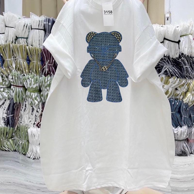 Áo phông cotton khô 3158 - Thêu gấu xanh Xích B đính đá