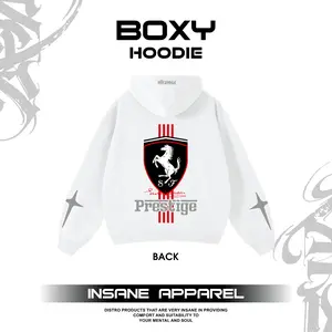 INSANE.CO Jaket Hoodie Boxy Reguler Oversize Sablon DTF Reflektif Menyala Memantulkan Cahaya Desain Terbaru Prestige Hitam Putih Biru Cream Fleece 280gsm 240gsm Size M L XL XXL Pria JF3 JE4 NF4 OE4