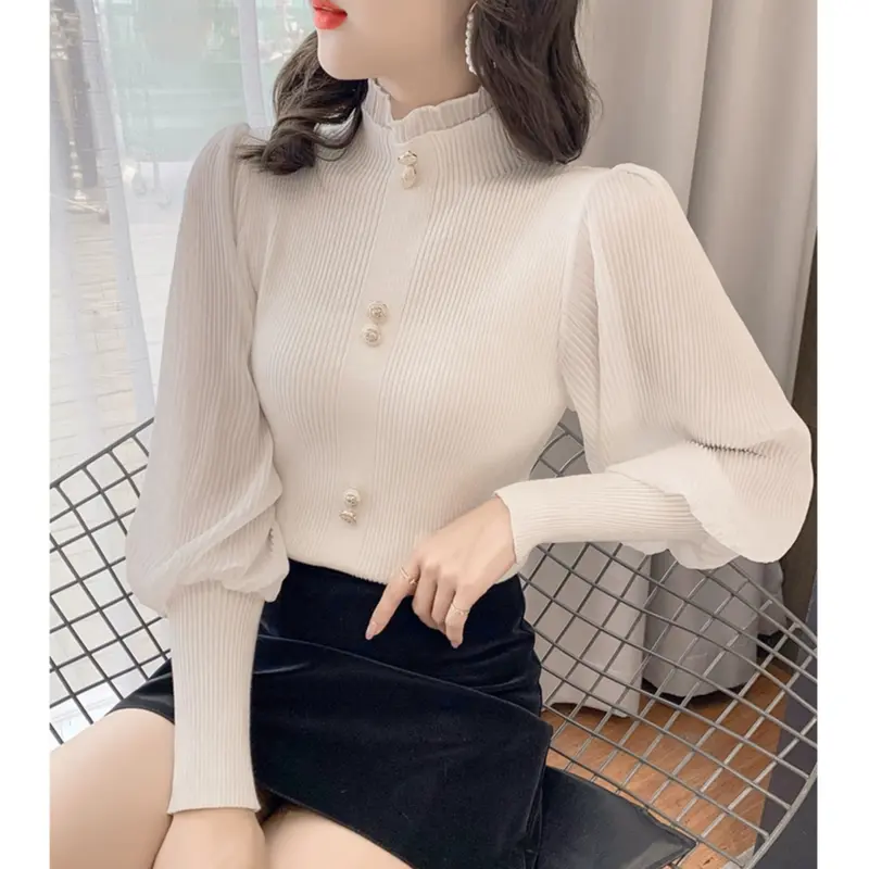 FLIDA FASHION - E01 blouse atasan rajut wanita turtleneck lengan balon panjang 0