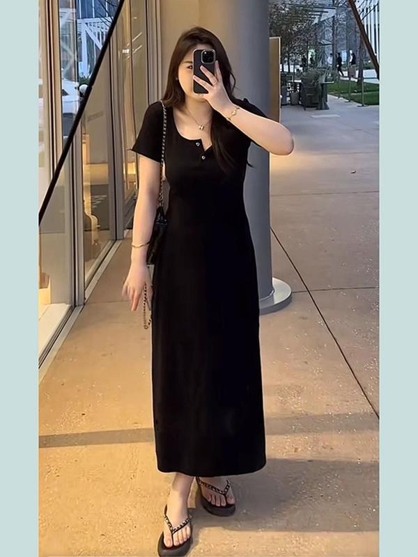 [Lazy có Bigsize] Đầm Thun Cổ Vuông QC Dáng Xoè Form Siêu Đẹp Có Nút Gài Mùa Hè Nữ, Vải Gân Mỏng Nhẹ Mặc Thoải Mái Phù Hợp Đi Chơi Cuối Tuần Women Dress Màu Đen Nhung Tua Rua