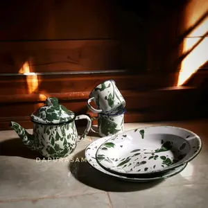 Set Piring dan Gelas Lurik Enamel Jadul Teko Kitchenware Tea tea  set