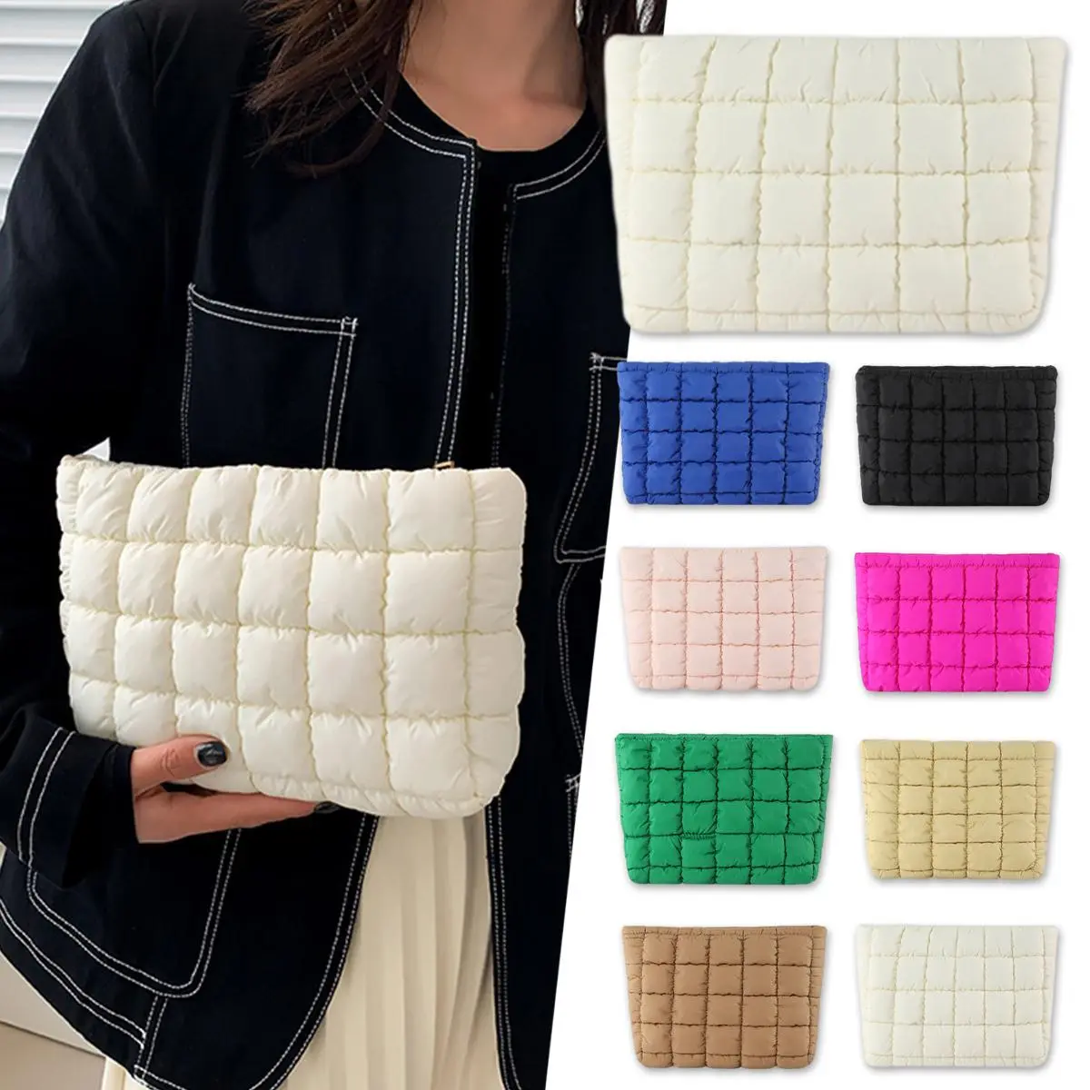 Puffy Quilted Makeup Bag Cosmetic Bags Travel Cute Puffer Solid Toiletry Organizer Pouch Storage Clutch for Women