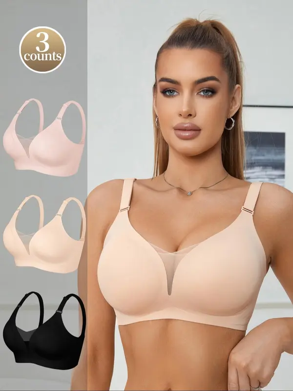Women's Solid Color Mesh Patchwork Seamless Wireless Bra, Casual Comfortable Breathable Adjustable Strap Anti-Sagging Full Coverage Bra, Lingerie for All Seasons 0