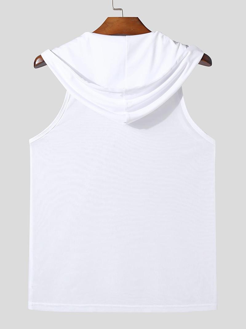 Product Introduction of Men's Regular Fit Solid Drawstring Sheer Hooded Tank Top, Casual Sleeveless Top for Summer, Fashion Men's Clothes for Daily Wear 7