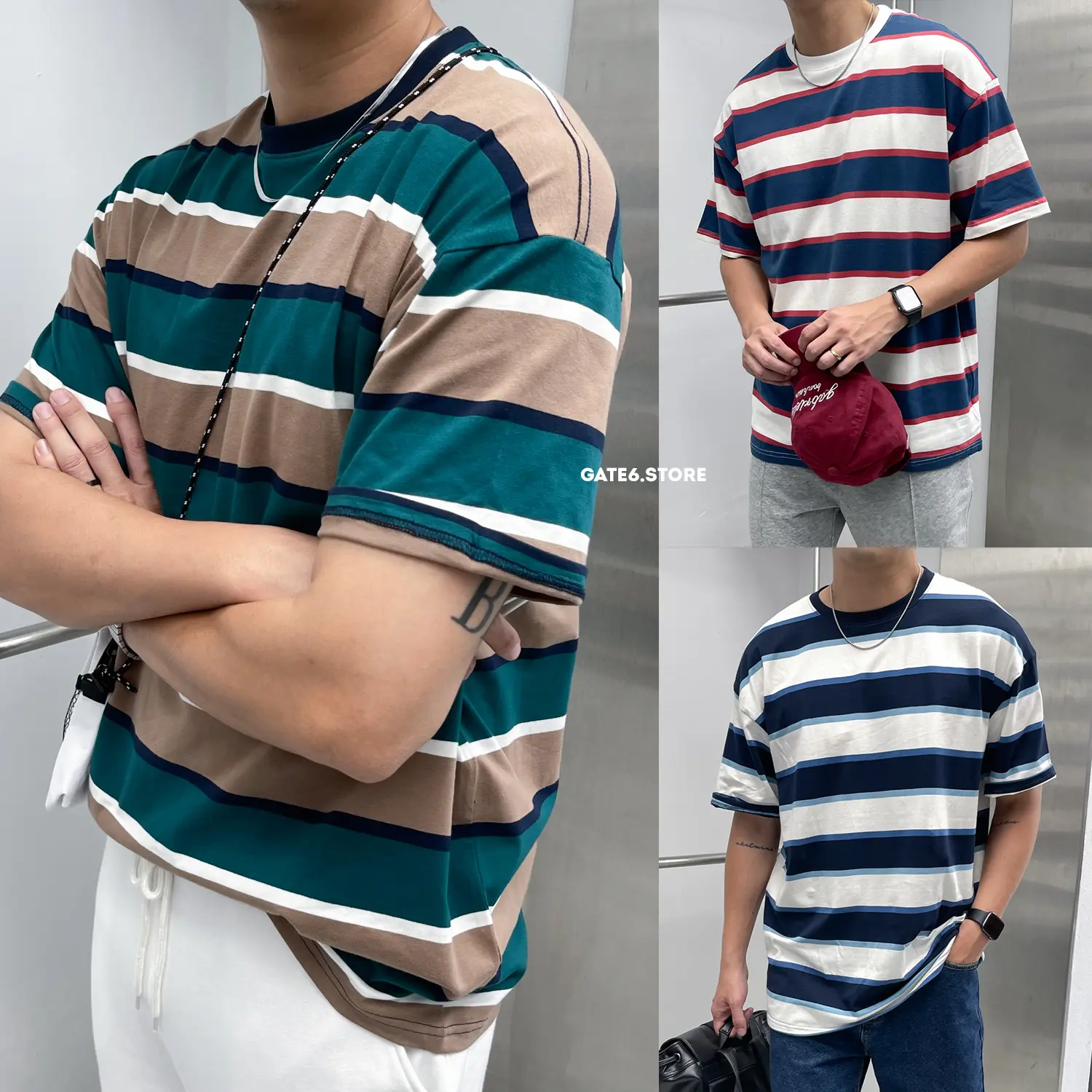 Áo Thun Nam Nữ US, phông cổ tròn Unisex kẻ ngang phối màu cotton 100% form oversize 8138 - GATE6 - 4947