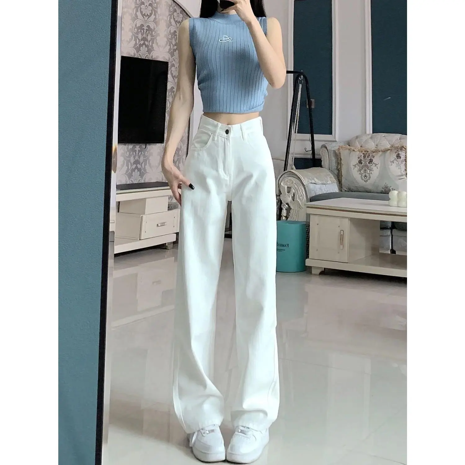Quần Jean Ống Rộng Màu Trắng, Phong Cách Đường Phố Cao Cấp, Dành Cho Nữ, Hàng Mới Về Mùa Xuân 2025, Cạp Cao, Ôm Vừa Vặn, Xếp Nếp, Kiểu Dáng Rộng, Quần Dài Đến Sàn Ống Đứng Cô Gái Nóng Bỏng, Hàng Mới Về
