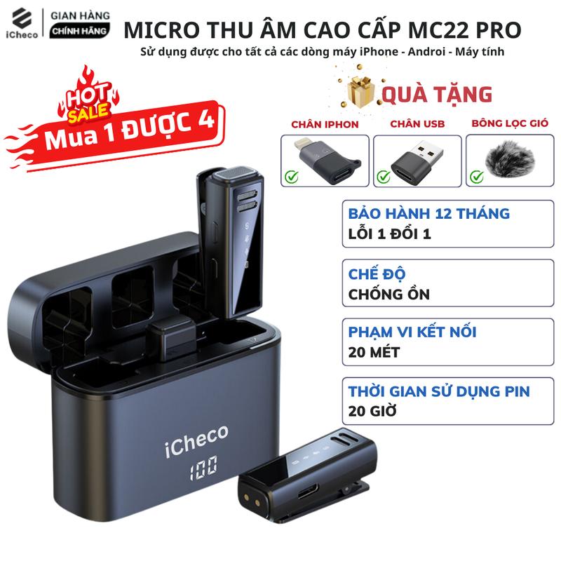 Micro không dây cho điện thoại mic thu âm cài áo chống ồn lọc tạp âm quay video livestream ICHECO MC22 micro  không