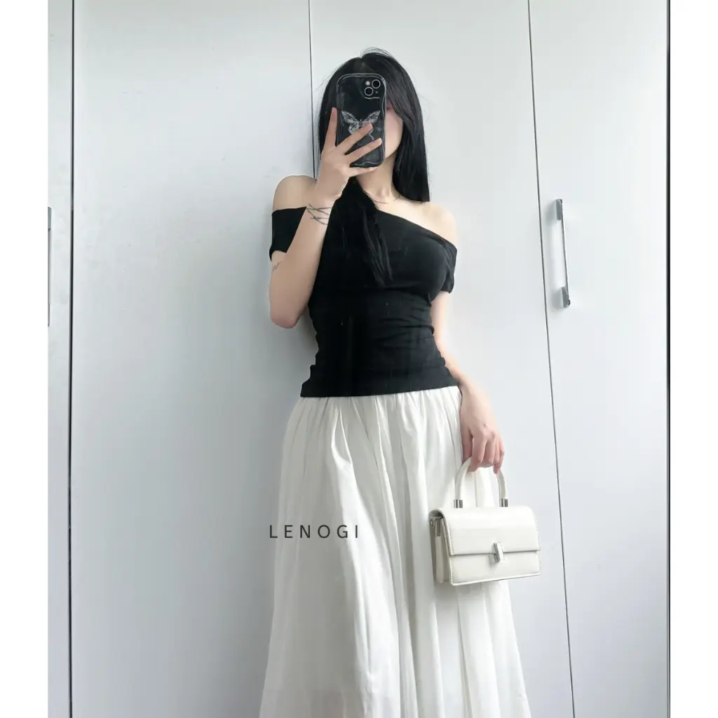 Áo trễ vai cộc tay nữ LENOGI Áo kiểu nữ bẹt vai  mùa hè coton mịn mát | BigBuy360 - bigbuy360.vn