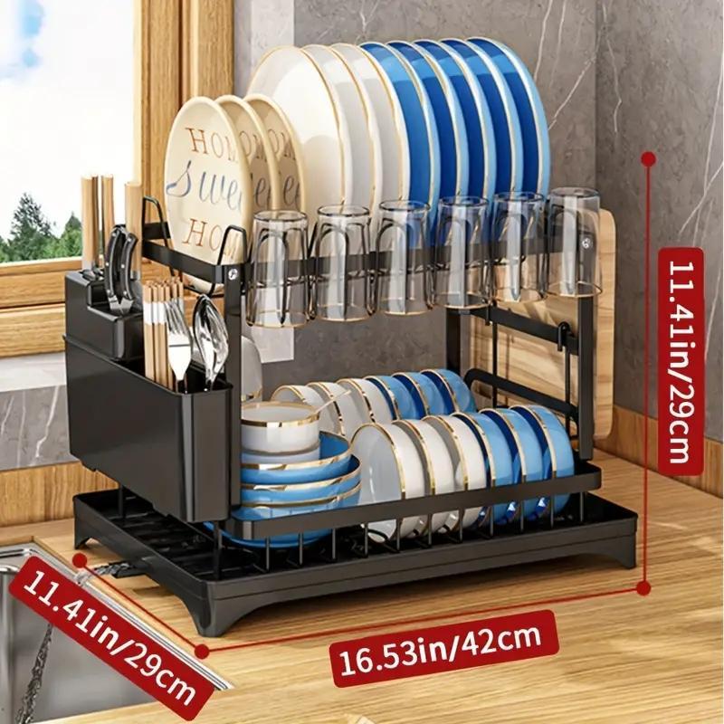 Product Introduction of 【】2-tier Dish Drying Rack, 1 Count Large Capacity Countertop Dish Storage Rack With Utensil Holder, Cutlery Rack With Drainboard, Kitchen Utensil Organizer, Kitchen Accessories 1