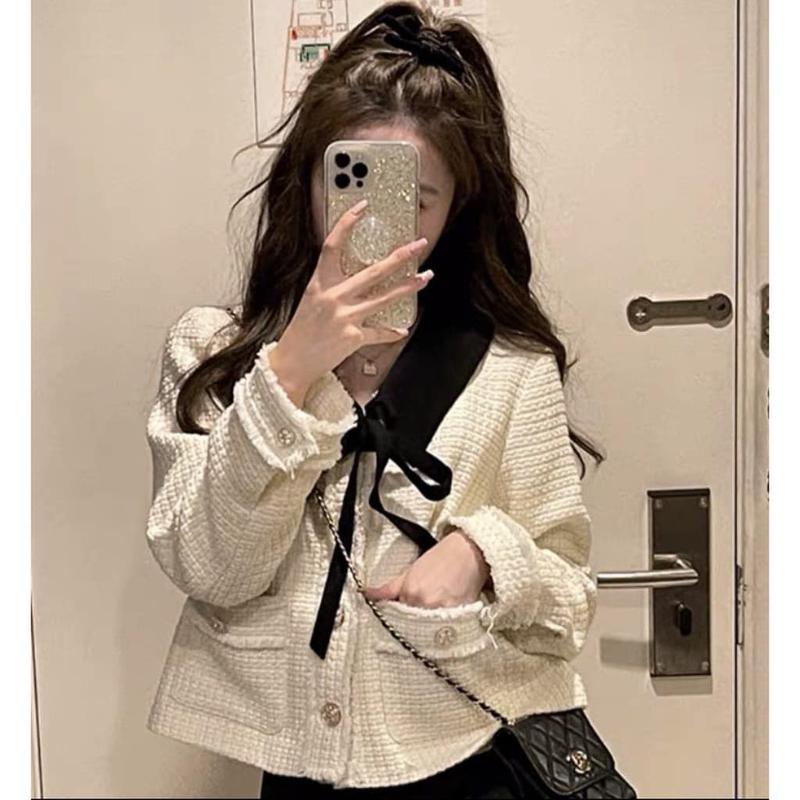 Áo khoác dạ tweet nơ cổ rời