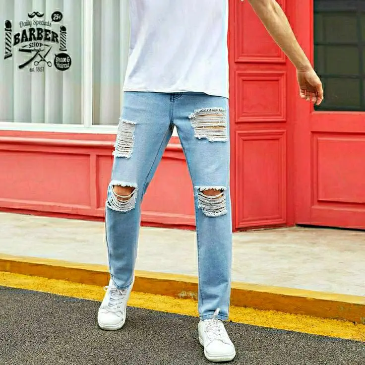 Celana Jeans Sobek Pria Standar Reguler Basic 27-38 Panjang 0