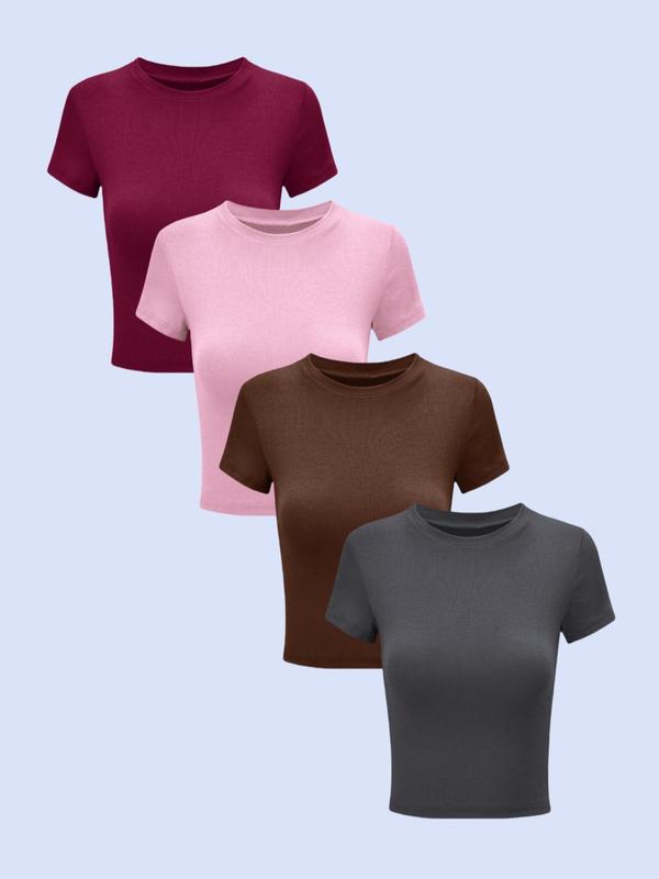 Women's Solid Round Neck Tee, Casual Short Sleeve Crew Neck T-Shirt for Summer, Fashion Simple Basic Women's Top for Daily Wear 2
