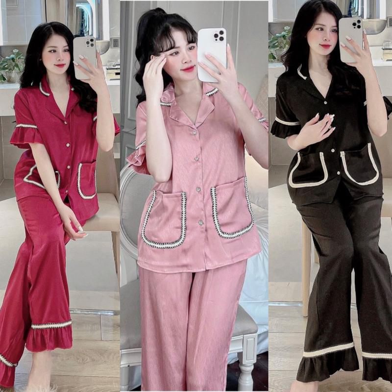 Đồ Bộ Pijama Bigsize Vải Lụa Gấm Xước Tay Ngắn 50-100kg Mặc Cực Thích Nữ Quần Ngủ - A.5402