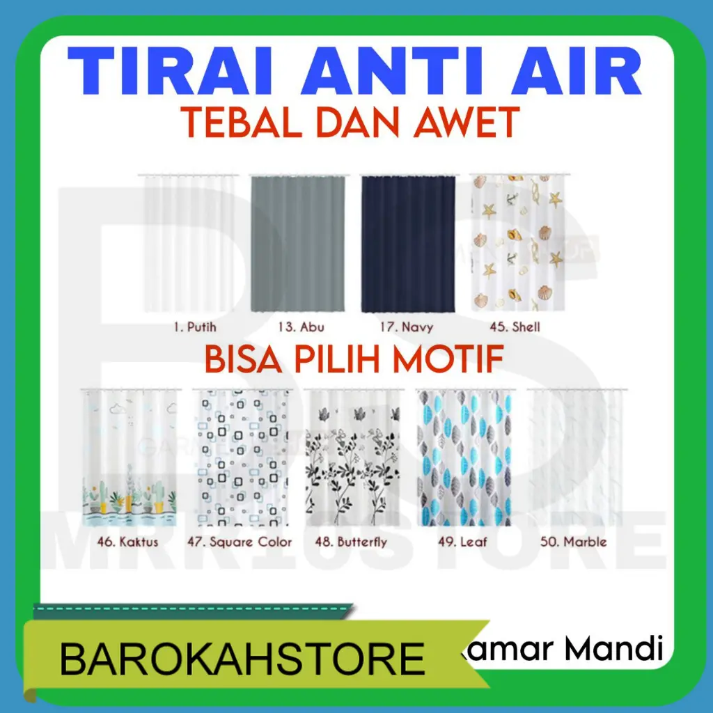 Tirai Kamar Mandi Anti Air Tebal 180x180 Shower Curtain Premium Bahan PEVA