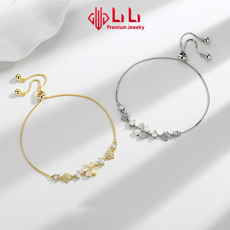 Lắc tay bạc nữ LiLi S925 đính đá CZ cao cấp dạng dây rút hình cỏ 4 lá may mắn Amina LILI_115896