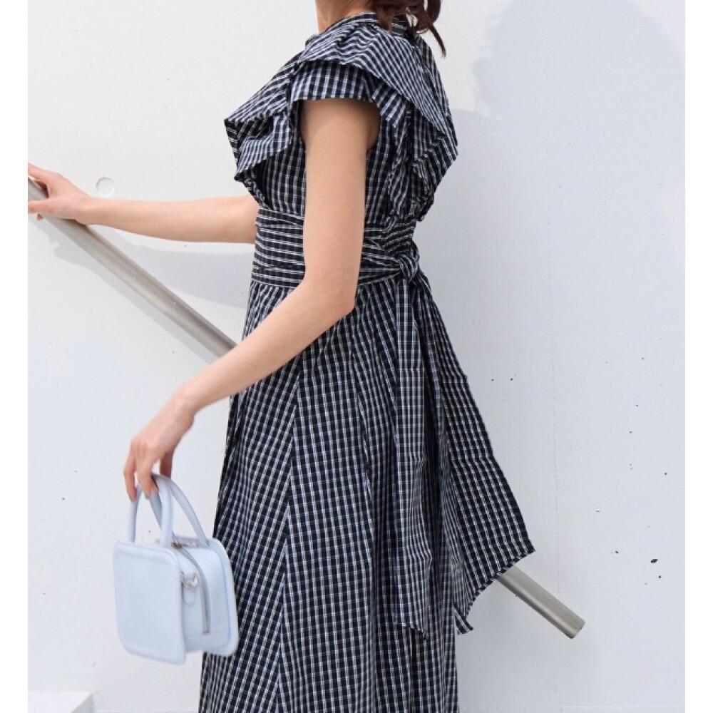 CHICMORE gaun midi motif kotak kecil model ruffle untuk wanita kelas atas bergaya modis