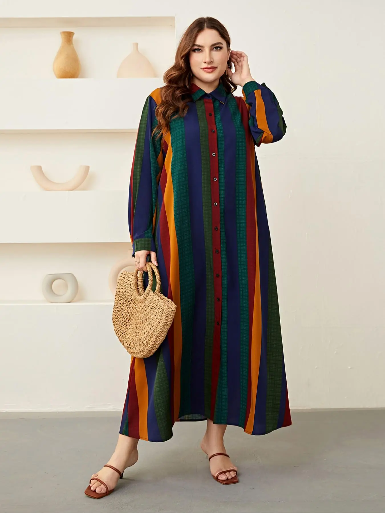 Plus Striped Print Button Front Drop Shoulder Longline Blouse Dress, Modest Fashion, Elegant Long Sleeve Shirt Collar Top for Women Outdoor Vacation Wear, Women's Prayer Clothing for Spring & Fall