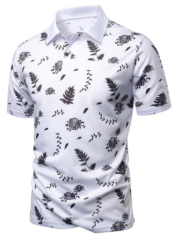 Men's Plants Print Short Sleeve Polo Shirt, Regular Fit Casual Button Front Polo Neck Top, Men's Clothes for Summer Daily Wear 2