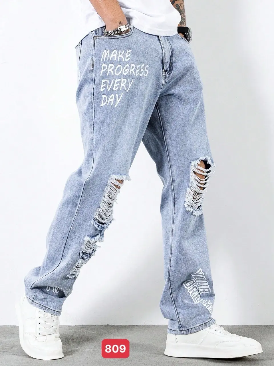 Quần Baggy Jean Nam Ống Rộng Rách 2 Bên, Chất Jean Phong Cách Thoải Mái Thời Trang 809 Menswear Pants