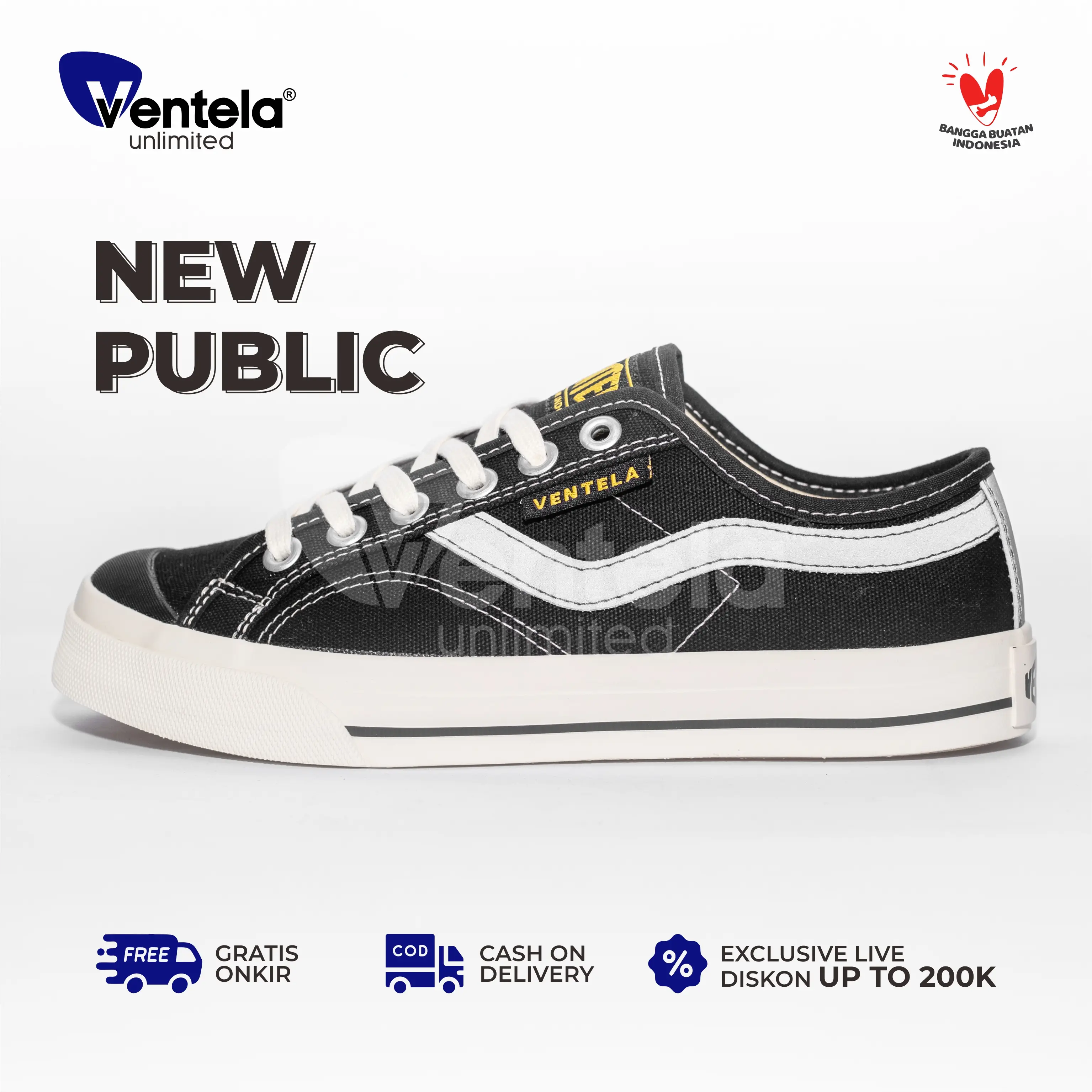 Ventela New Public Black Natural Low Sepatu Original Ventella Vantela 100% Garansi Canvas Shoes