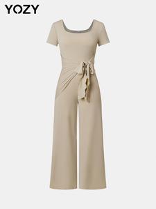 YOZY Solid Knot Front Wide Leg Ribbed Jumpsuit/ Casual Short Sleeve Square Neck Jumpsuit, 2024 Women's Summer & Fall Outfits for Daily Outdoor Wear