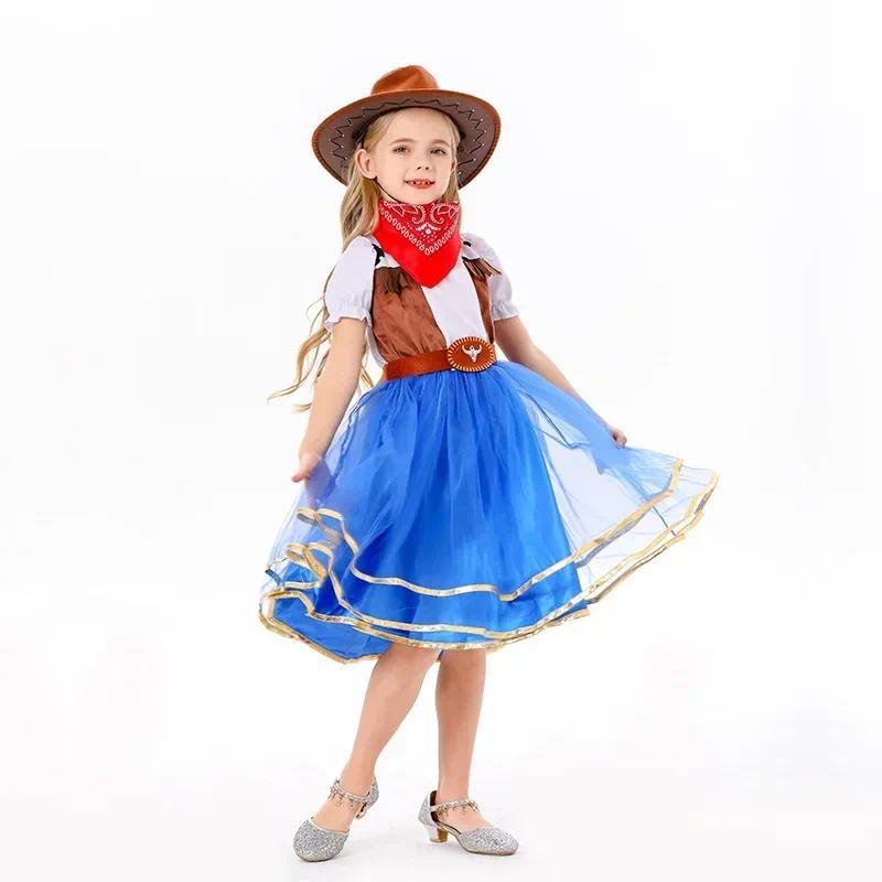 Product Introduction of Halloween New  Anime Cosplay Western Cowboy Outfit Children's Holiday Party Girls Dress Costume Cowboy Hat 3