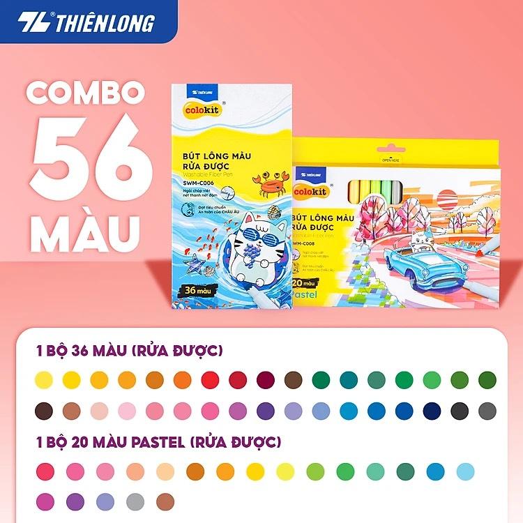  Combo Bút lông màu SWM-C006 và  SWM-C008  Fiber Pen Thiên Long Colokit 56 màu rửa được an toàn sử dụng tô màu vẽ tranh calligraphy 