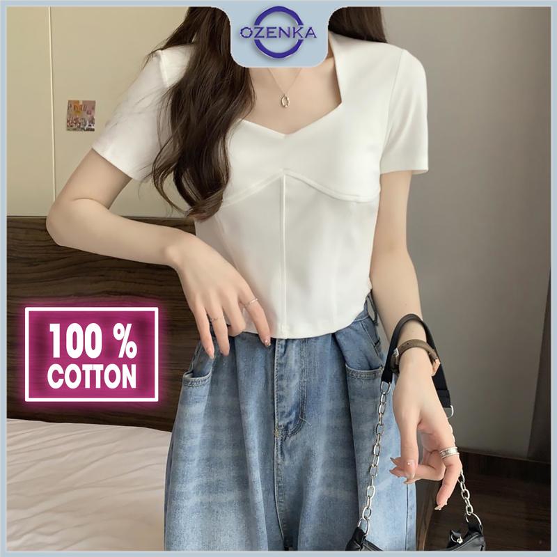 Áo croptop nữ ôm vạt bầu cổ vuông tay ngắn , áo crt thun cotton màu đen trắng sang trọng mặc đi học đi chơi Ozenka Shirt Denim Sơ Mi Women Kem