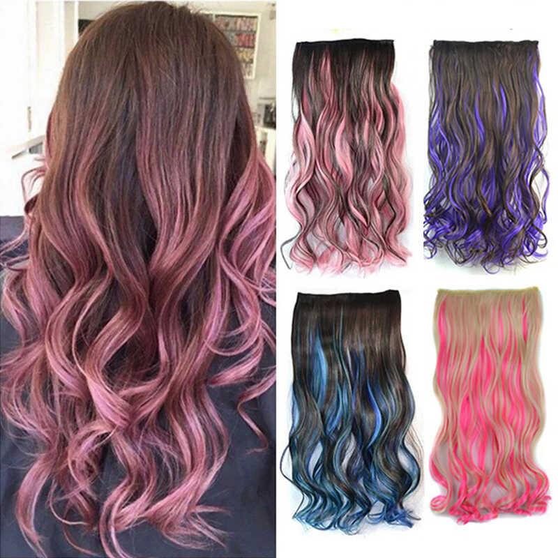 Long Curly 5 Clip In Extension High Temperature Synthetic Brown Mixed Green Blue Pink red Hair Piece 2
