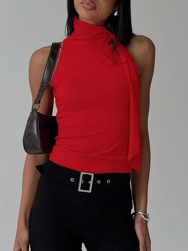 Women's Solid Knot Design Mock Neck Tank Top, Casual Sleeveless Top for Summer, Women's Clothing for Daily Wear 4