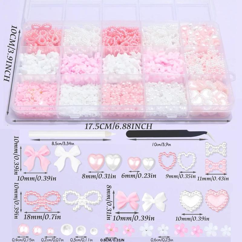 Product Introduction of Bow and Faux Pearl Decor Nail Art Charms Set, 1000pcs Multi-shape Nail Art Decoration, Nail Art Accessories with Tweezers & Pickup Pencil for Nail Art, Craft and Decoration 12