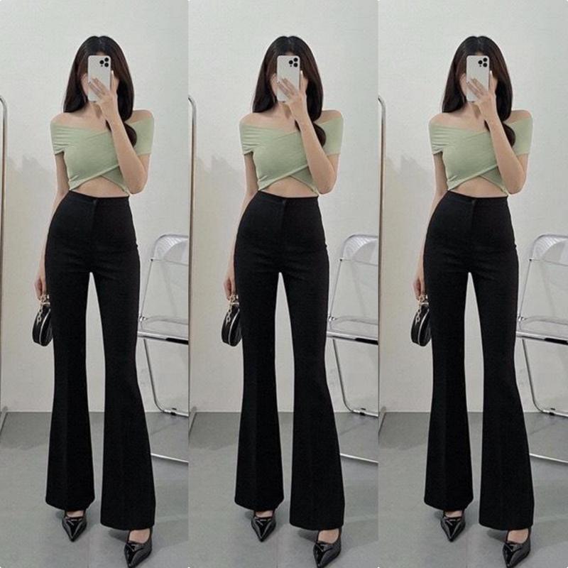Quần ống loe cạp cao vải Tuyết Mưa dáng dài 1 nút cài tôn dáng màu Đen - Quần tây ống loe lưng cao mặc đi học làm đi chơi Nữ Ong thun