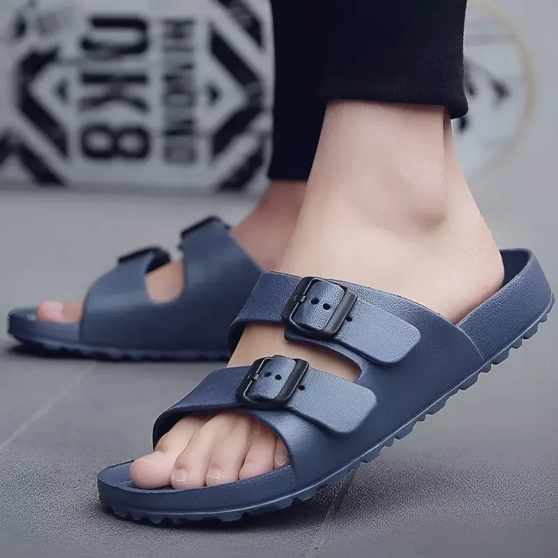 Sandal Pria 2 Strap Kasual Kekinian Dalam Ruangan Luar Ruangan Sendal Open Toe Karet Empuk Modis 0