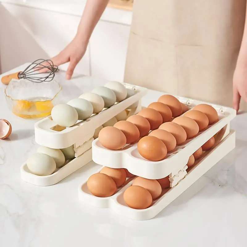 Egg Storage Rack, 1 Count Egg Holder with Automatic Dispenser, Refrigerator Egg Organizer for Home Dining Room Kitchen