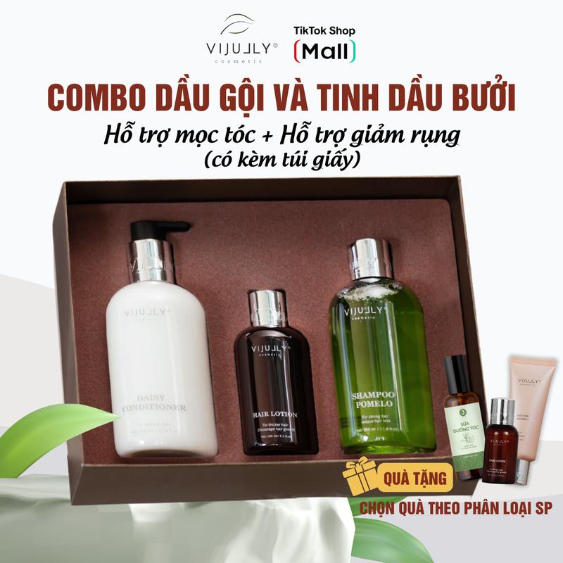Combo dưỡng tóc Vijully tinh dầu bưởi, dầu gội bưởi, dầu xả dừa hoa cúc giúp giảm rụng, hỗ trợ giúp tóc con phát triển nhiều hơn và giúp nuôi dưỡng nang tóc