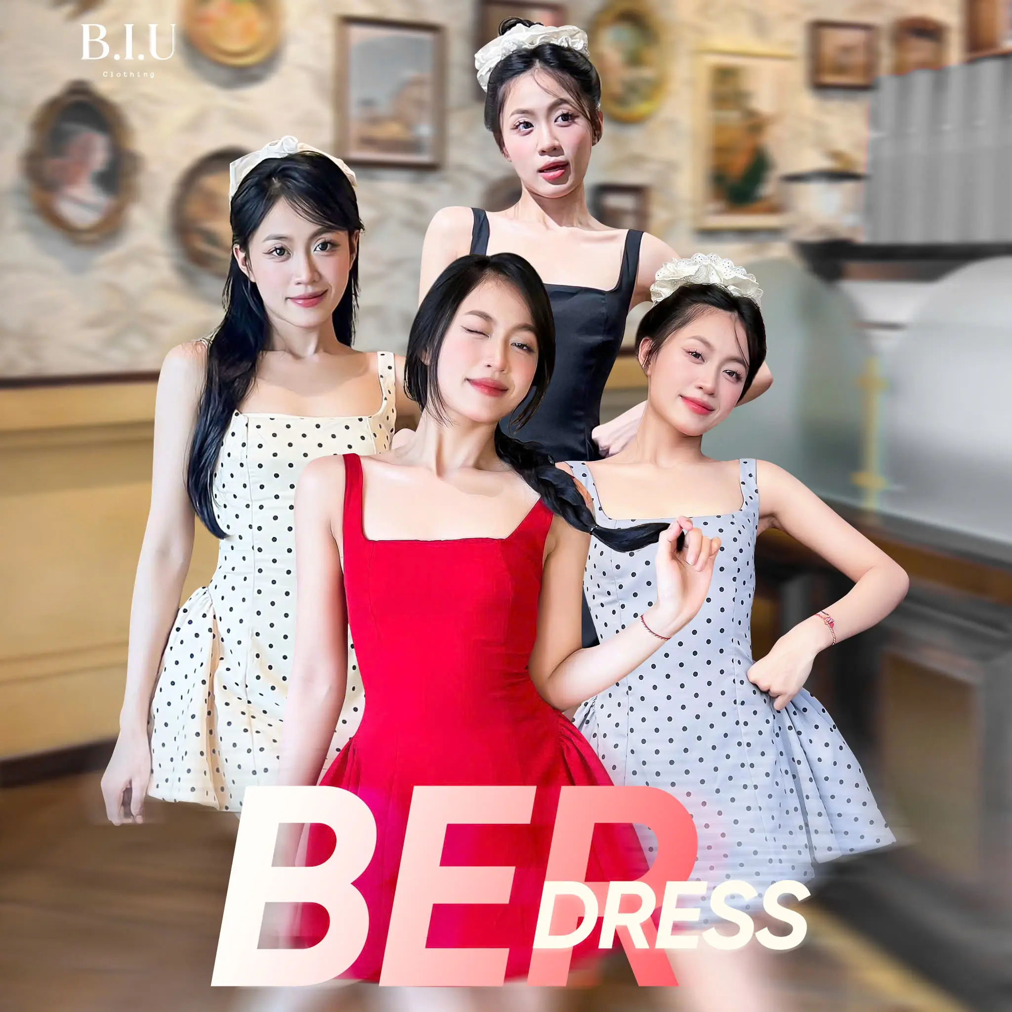 Đầm dây chấm bi cổ vuông chiết eo dáng xòe dây đan lưng dễ thương tôn dáng Ber Dress Biu Clothing BB0416 Nữ Women Kem Đỏ