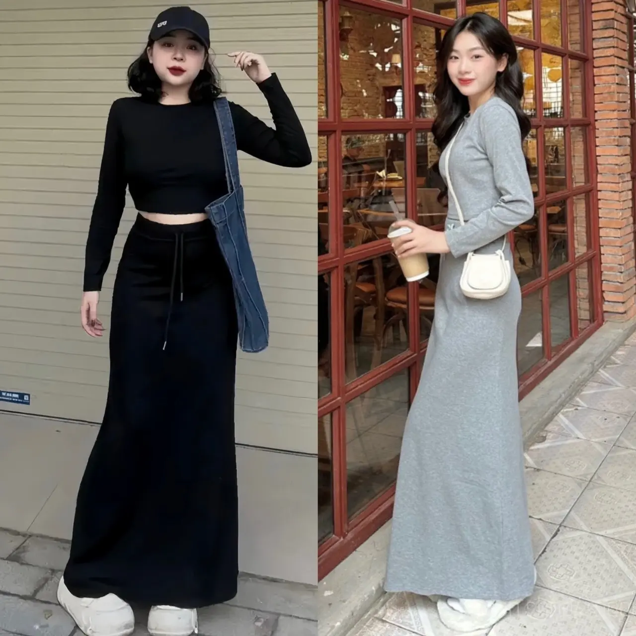 Set Áo Crotop Phối Chân Váy Dáng Dài Thời Trang Cá Tính MS99 Nữ Thun