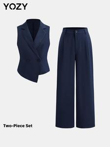 YOZY Women's Solid Lapel Neck Blazer Vest & Wide Leg Pants Two-piece Set, Asymmetrical Hem Sleeveless Outerwear & High Waist Trousers for Work Office Business, Ladies Spring & Fall Clothes