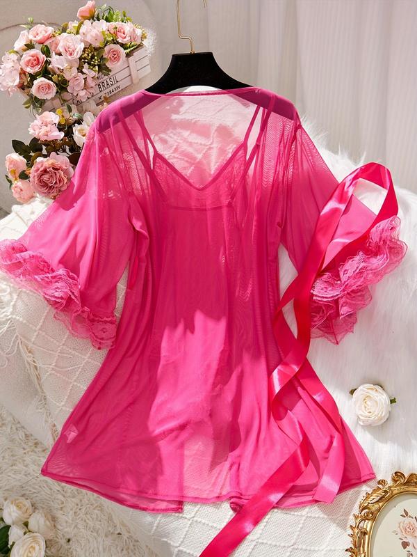 Two-Piece Set Women's Contrast Lace Belted Robe & Cami Nightdress, Long Sleeve Open Front Outerwear & Nightgown, Ladies Sleepwear for All Seasons Valentine's Day, gift 8