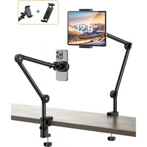 Tablet Stand Phone Holder for Desk Mount with 2 Clamps-Universal Tablet Phone Kindle Holder iPad Stand-360°Flexible iPad Mount fits iPad Pro Mini/Air, iPhone 16 Pro Other 3.5"-12.9" Devices Accessories Adjustable Cellphone Clip Alloy Aluminum Computer