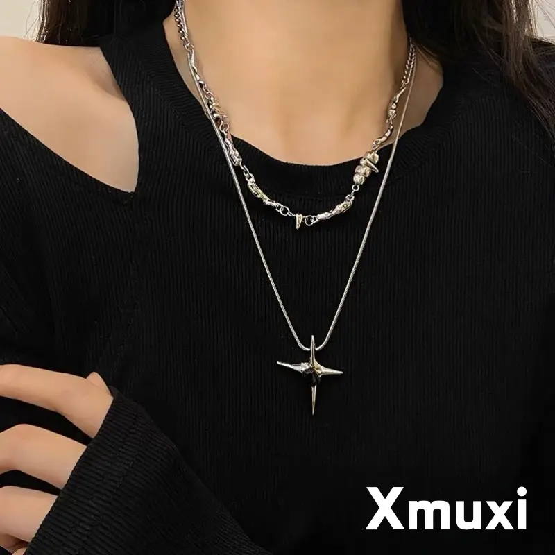 [Xmuxi] Kalung Desain Lapisan Ganda Rantai Warna Perak Dengan Anting Bintang Empat X298