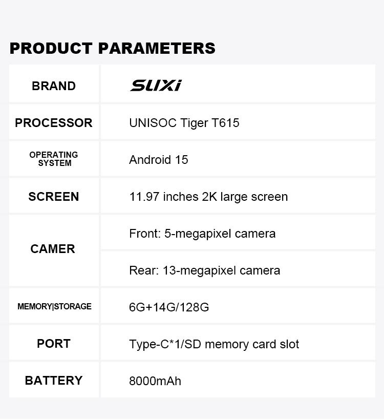 Product Introduction of SUXI MEGA-98K Tablet 20GB(6G+14G) RAM 128GB ROM, 11.97 inch 2K Large Screen , Unisoc T615 Processor,  Android 15 WIFI version Network, Front 5MP rear 13MP Camera, 8000mAh Tablet 34
