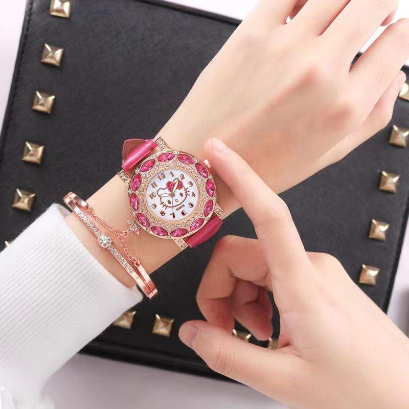 Product Introduction of Popular Children's Cartoon Hello Kitty Watch Men's and Women's Student Fashion Belt Diamond Women's Quartz Watch in Stock 0