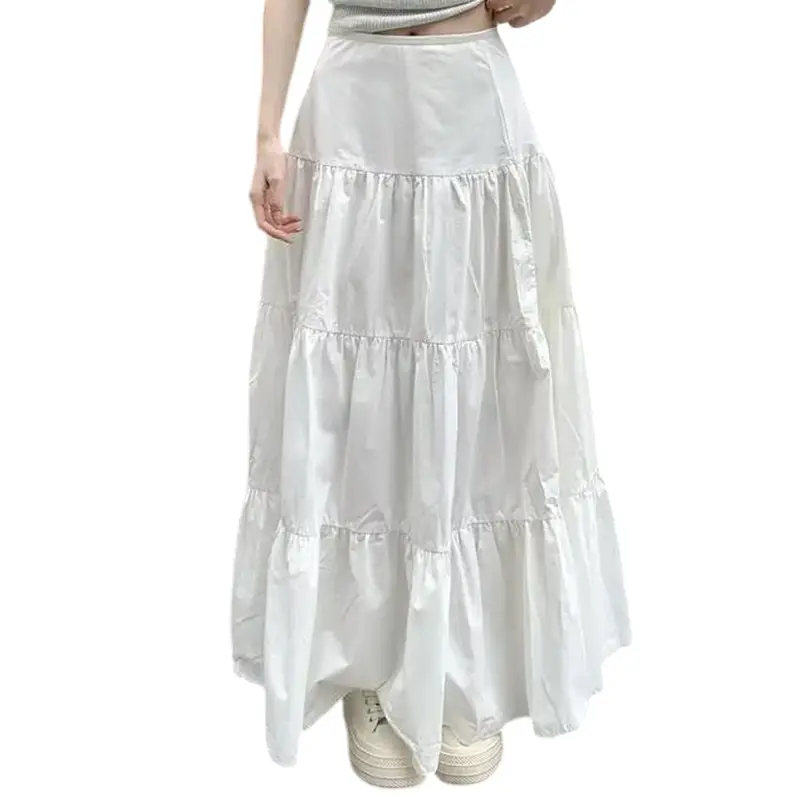 The latest popular women's Korean soft girl dress long skirt, elegant pleated solid white A-line skirt elegant summer high waist skirt pleated skirt, suitable for casual daily