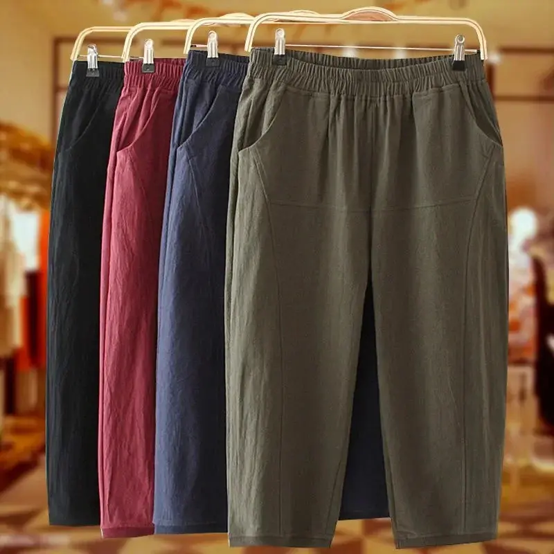 Korean style plus size WOMEN'S loose cotton linen thin cropped pants WOMEN'S casual harem pants large size elastic waist retro radish pants
