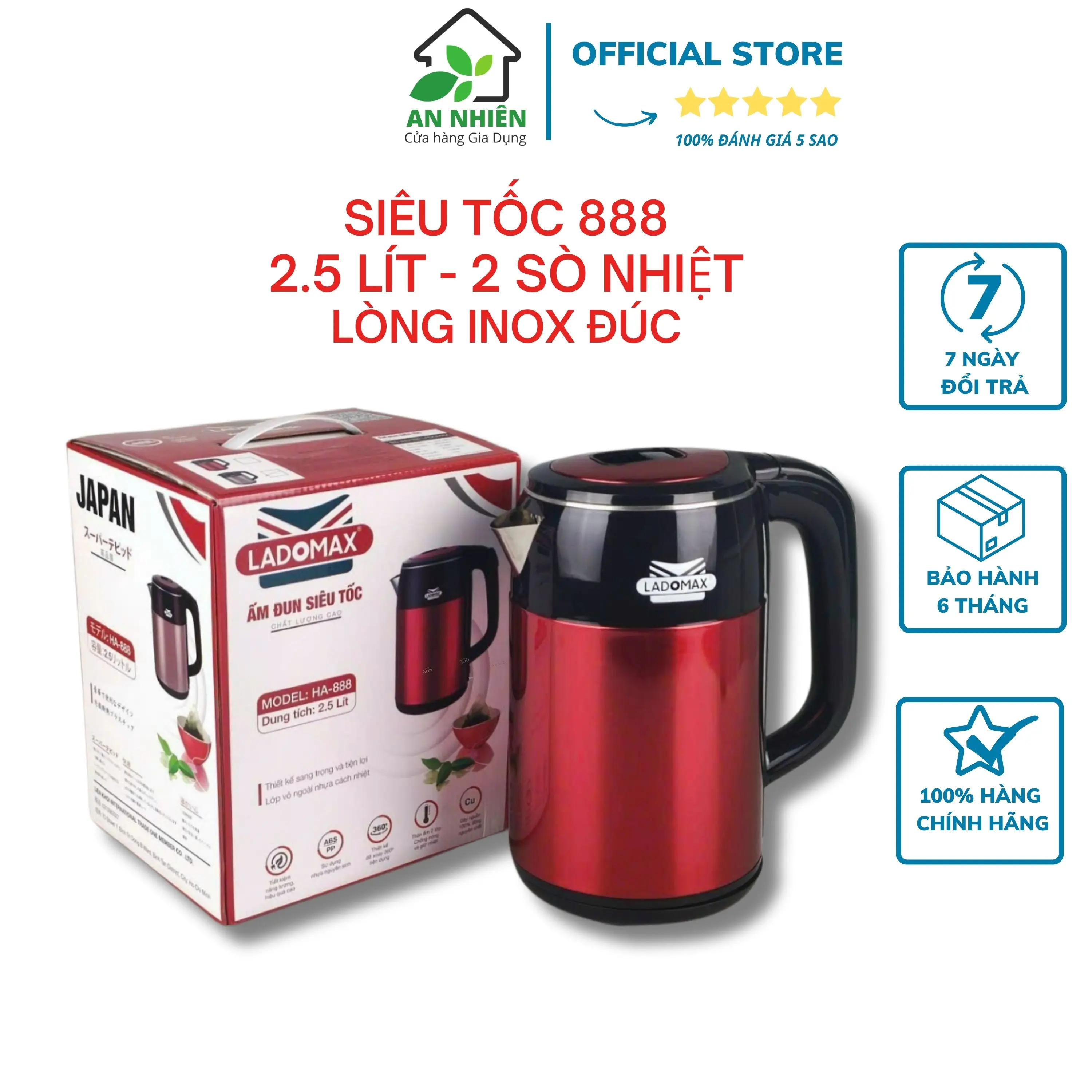 Ấm Điện Siêu Tốc Ladomax HA-888 Dung tích 2.5L, Nhanh sôi, Tay cầm cách nhiệt an toàn.