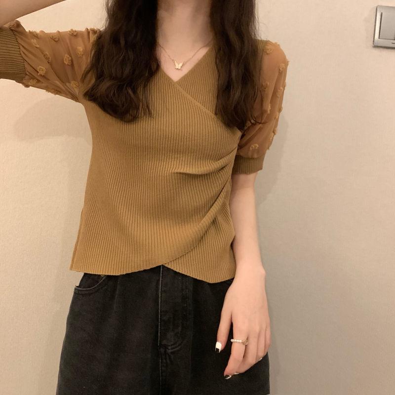Product Introduction of Áo Thun Thiết Kế Voan Dáng Ôm, Knatwear, Cổ Chữ V, Ngắn, Dành Cho Nữ, Màu Đỏ Ngủ, Quần Áo Nữ 25