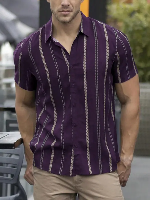 Men's Regular Fit Striped Print Button Front Shirt, Casual Short Sleeve Collar Top for Summer, Fashion Men's Clothes for Daily Wear 2