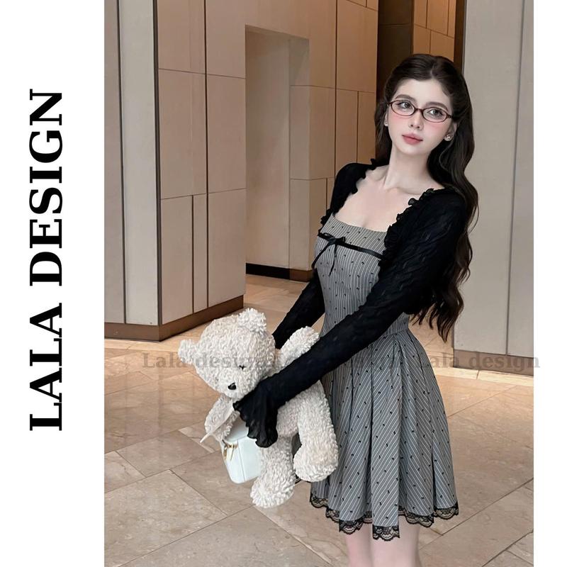 MÉLI set - Set váy 2 dây kèm áo cadigan mỏng, set mùa thu, màu xám trendy, phối nơ ngực và viền ren, có bigsize [ S-XXL] Kem Nữ Dress